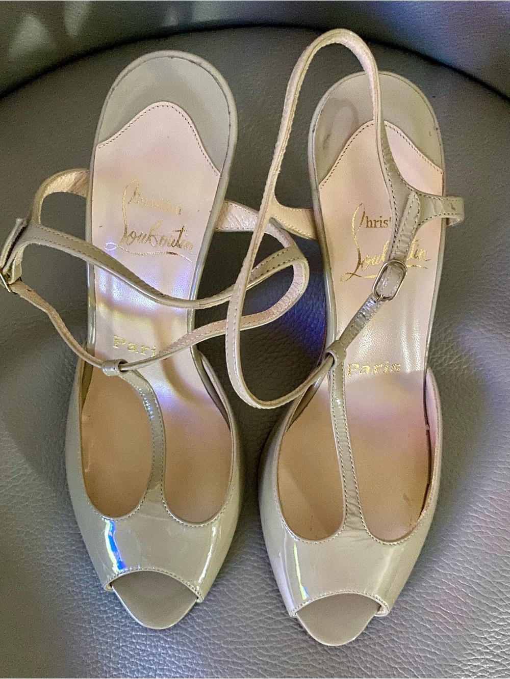 Christian Louboutin tan  T-Strap Peep-Toe Slingback Heels - Picture 6 of 15